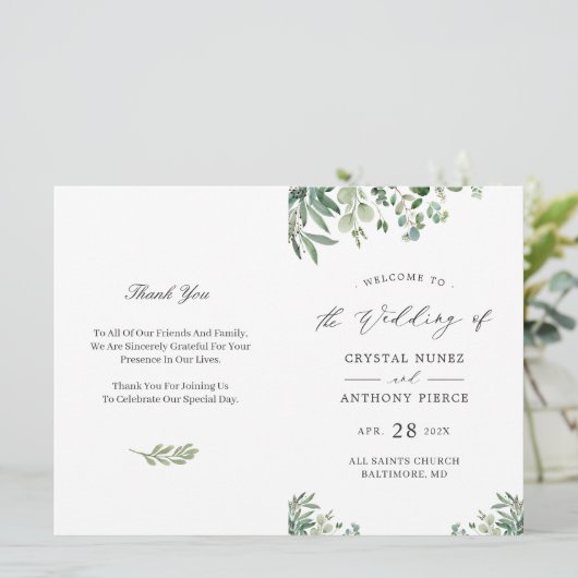 Digitaal download Eucalyptus Leaves Weddenprogramm Kaart (Staand voorkant)