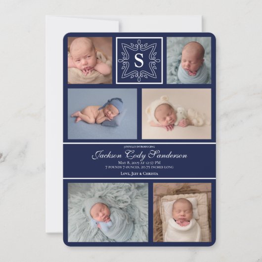 Digitaal downloadbaar babyjongetje marinemonogram aankondiging (Voorkant)