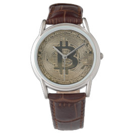 Digitaal Gold Bitcoin Logo Classic bruin leder Horloge