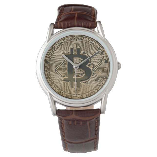 Digitaal Gold Bitcoin Logo Classic bruin leder Horloge (Voorkant)