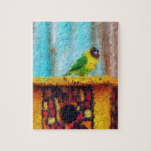 Digitaal kunstpuzzel - papegaai in een dierentuin legpuzzel