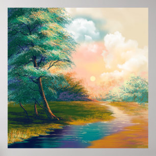 Digitaal kunstschilderlandschap, rivier in de spri poster