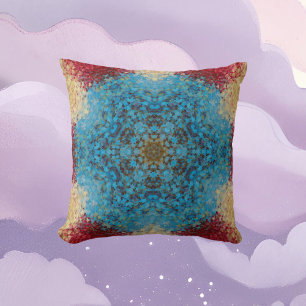 Digitaal Mandala Blauw Rood en Geel Kussen