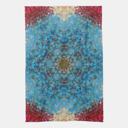 Digitaal Mandala Blauw Rood en Geel Theedoek (Verticaal)