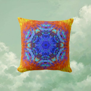 Digitaal Mandala Blauw Sinaasappel en Geel Kussen