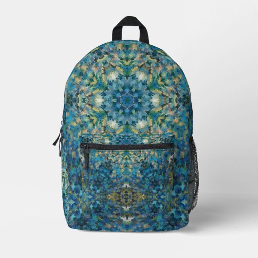 Digitaal Mandala Blauw Wit en Geel Bedrukte Rugzak (Voorkant)