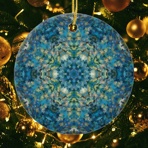 Digitaal Mandala Blauw Wit en Geel Keramisch Ornament