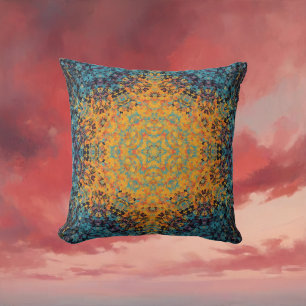Digitaal Mandala Geel Blauw en Rood Kussen