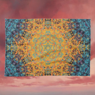 Digitaal Mandala Geel Blauw en Rood Theedoek