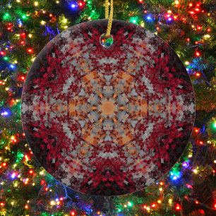 Digitaal Mandala Rood Wit Sinaasappel en Zwart Keramisch Ornament