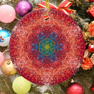 Digitaal Mandala Sinaasappel Blauw en Rood Keramisch Ornament