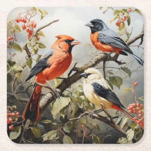 Digitaal schilderij van 3 kleurrijke vogels vierkante kartonnen onderzetter