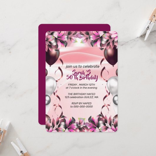 Digital 50th Birthday Party Invitation Video Templ Kaart (Voorkant / Achterkant in situ)