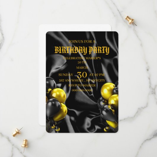 Digital Birthday Dinner Invitation Template, Black (Devant/Arrière en situation)