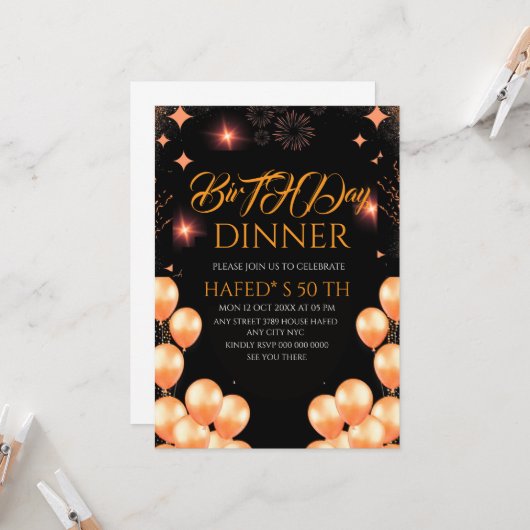 Digital Birthday Dinner Invitation Template, Black Kaart (Voorkant / Achterkant in situ)