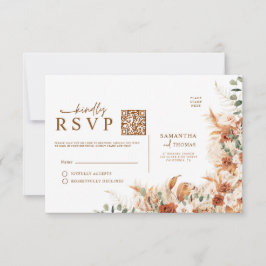 Digital Rustic Terracotta Floral QR Code Wedding  RSVP Kaartje