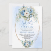 Digital Script Dusty Blue Peonies Sweet Sixteen  Kaart (Voorkant)