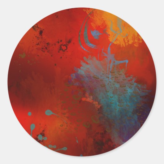 Digitale Abstracte kunst met Red, Aqua & Gold Grun Ronde Sticker (Voorkant)
