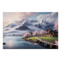 Digitale Kunst Roze Sakura Boom met Berg Uitzicht