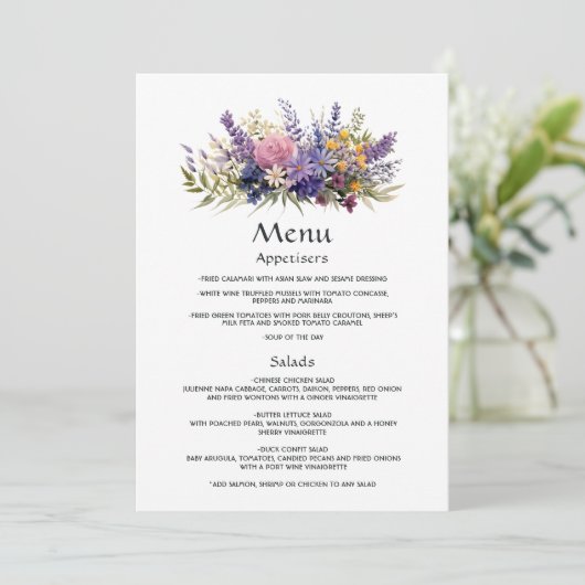 Digitale Lavendel Bloemen Bruiloft Menu (Staand voorkant)