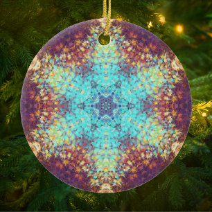 Digitale Mandala Blauw Geel en Paarse Keramisch Ornament