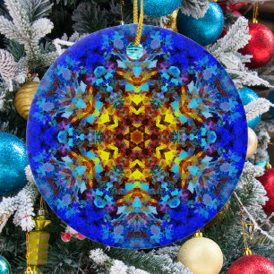 Digitale Mandala Geel en Blauw Keramisch Ornament