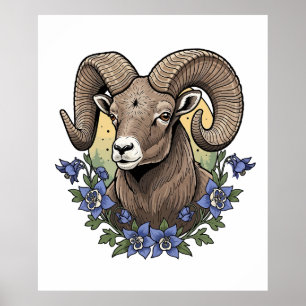 Dikhoornschaap met blauwe Colorado Columbine bloem Poster