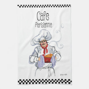 Dikke Franse Chef Caricatuur Zwart Wit Geruit Theedoek