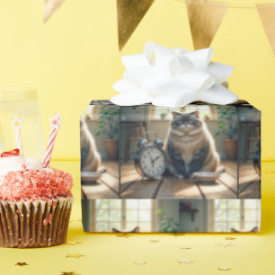 Dikke kat die wacht bij een lege voerbak cadeaupapier