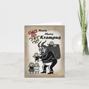 Dikke Krampus die Meisjes Grijpt Grappig Stout Ker Feestdagen Kaart
