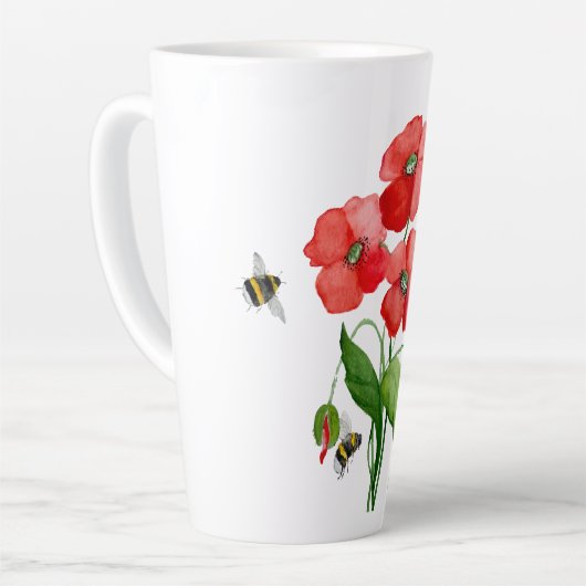 Dikke rode papaver en hommels latte mok (Linkerhoek)
