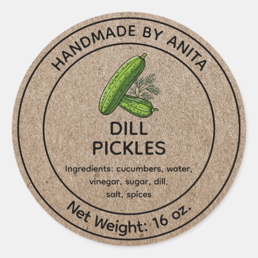 Dill Pickers Concombres Jar Étiquette Kraft Design (Devant)