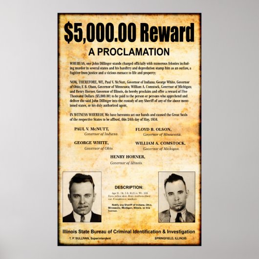 DILLINGER WANTED PROCLAMATION - MEI 1934 POSTER (Voorkant)