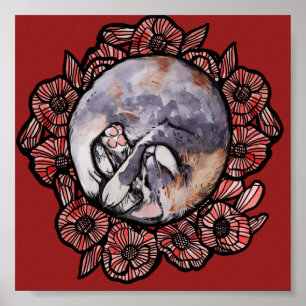 Dilute Calico Kitty Cat Red Poppy Flower Cats Poster