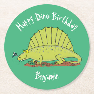 Dimetrodon happy green dinosaur cartoon ronde kartonnen onderzetter