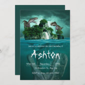 dinausor thème bleu vert invitation (Devant / Derrière)