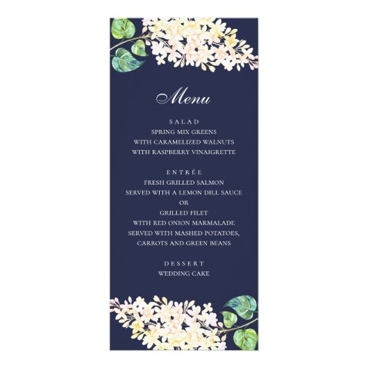 Dîner à mariage floral de marine. Menu fleurs blan (Devant)