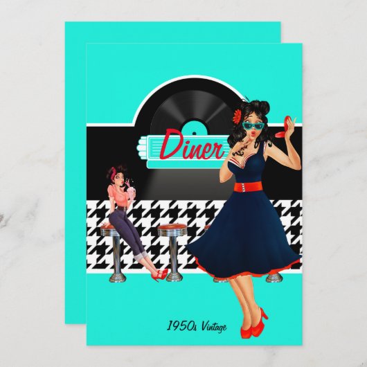 Diner blauwgroen zwart-wit, ingecheckte retro uit  kaart (Voorkant / Achterkant)