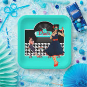 Diner blauwgroen zwart-wit, ingecheckte retro uit  papieren bordje (Feest)