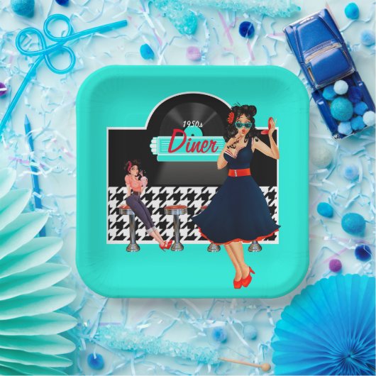 Diner blauwgroen zwart-wit, ingecheckte retro uit  papieren bordje (Feest)