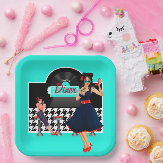 Diner blauwgroen zwart-wit, ingecheckte retro uit papieren bordje (Feest)