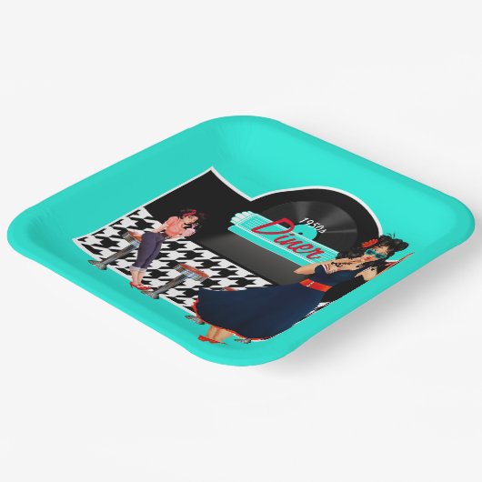 Diner blauwgroen zwart-wit, ingecheckte retro uit  papieren bordje (Gebogen)