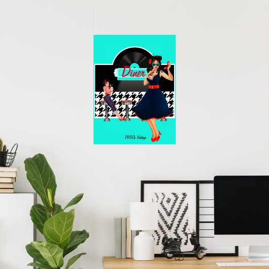 Diner blauwgroen zwart-wit, ingecheckte retro uit  poster (Thuiskantoor)