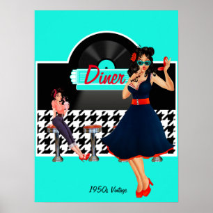 Diner blauwgroen zwart-wit, ingecheckte retro uit poster