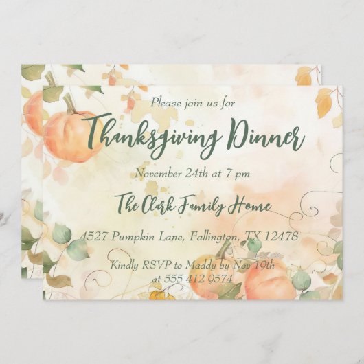 Dîner d'action de grâce Invitation Citrouille d'aq (Devant / Derrière)