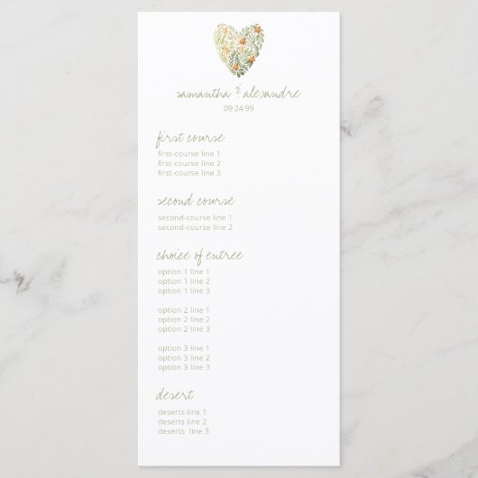 Diner & Dansen Bloemen Groen Bruiloft Receptie Menu (Voorkant)