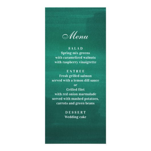 Dîner de mariage moderne vert foncé. Menu émeraude (Devant)