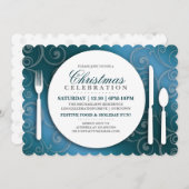 Dîner de Noël bleu chatoyant Invitation (Devant / Derrière)
