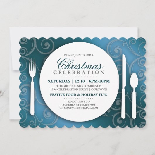 Dîner de Noël bleu chatoyant Invitation (Devant)