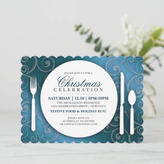 Dîner de Noël bleu chatoyant Invitation (Debout devant)